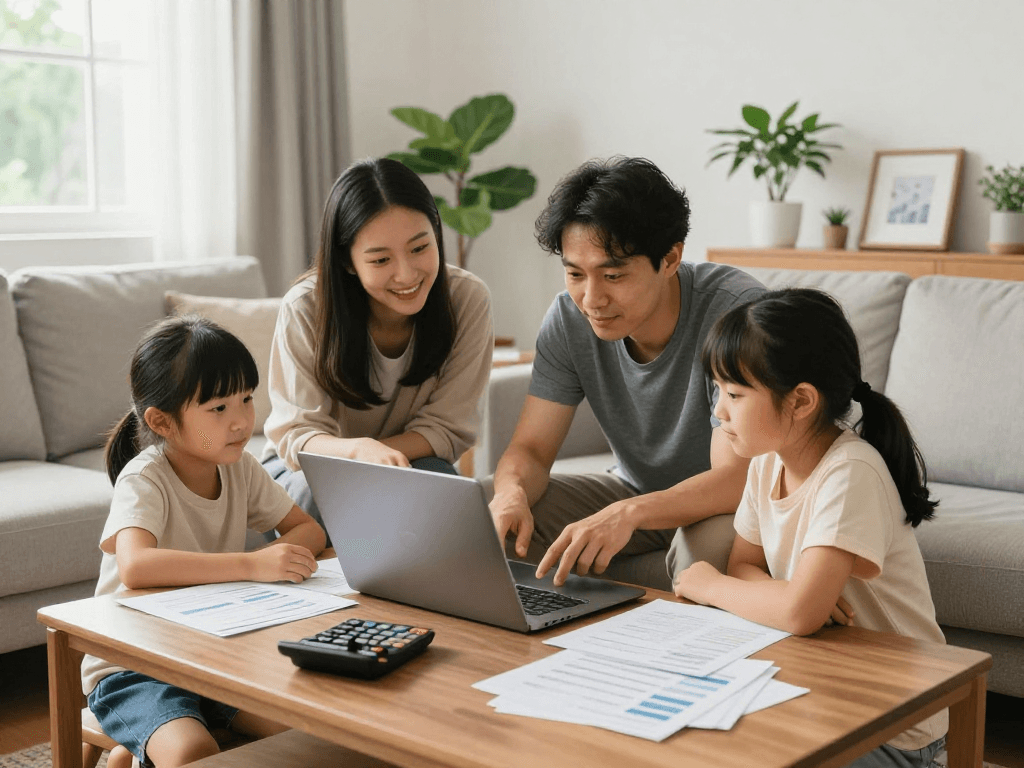 Family discussing credit consolidation options at home with financial documents.