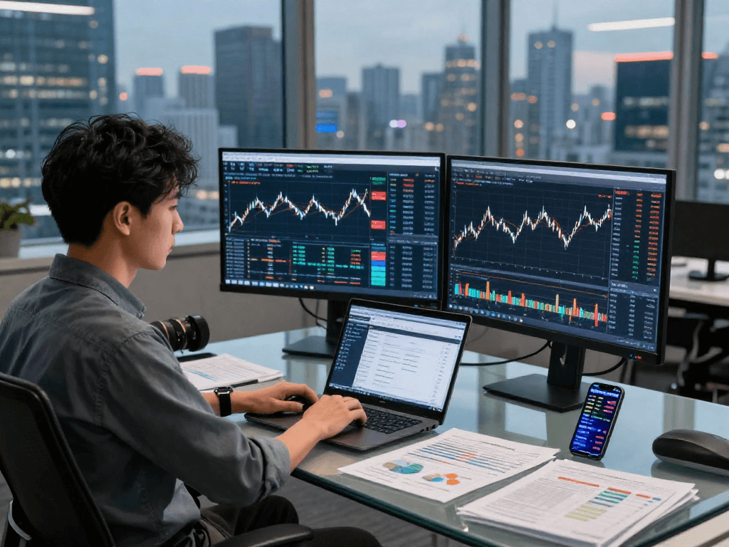 Developer analyzing TOPIX index quote API data on dual screens in modern finance office.