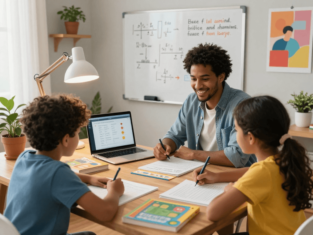 Math and English tutors guiding students through engaging lessons in a cozy study environment.