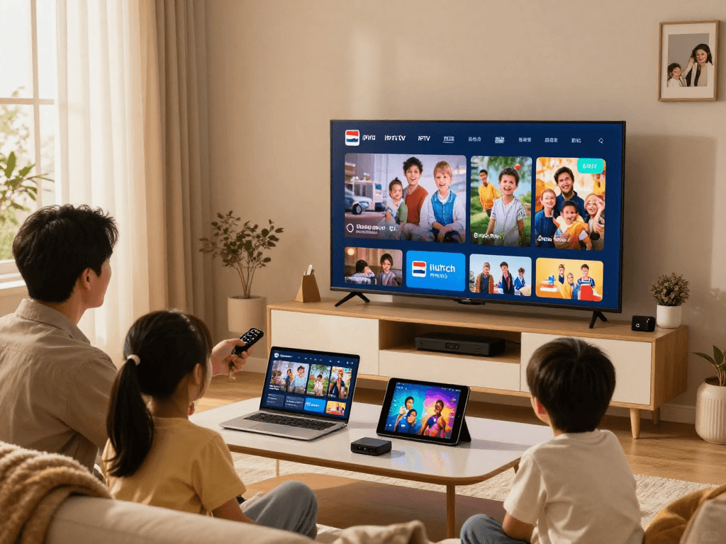 Gezin geniet van Nederland IPTV in een moderne woonkamer met smart TV.