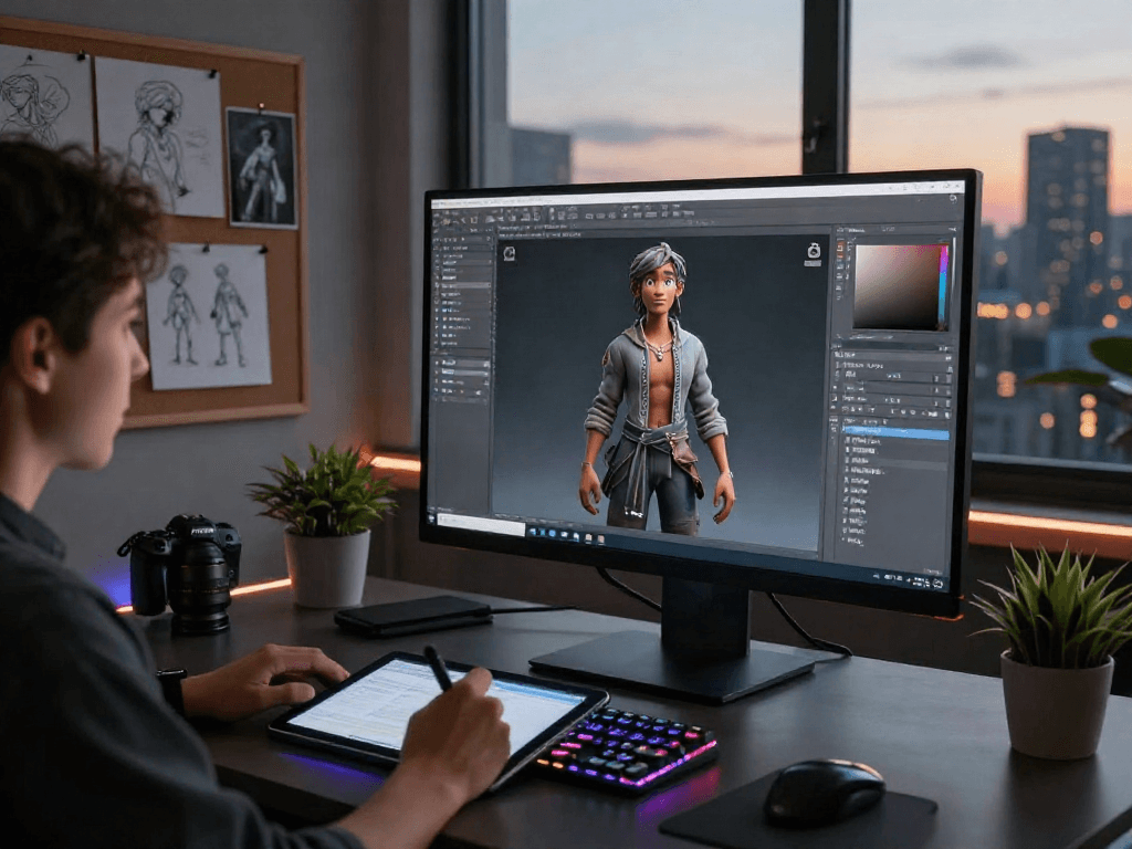 Creating character ai nsfw designs in a modern digital art studio with vibrant atmosphere and creative tools.
