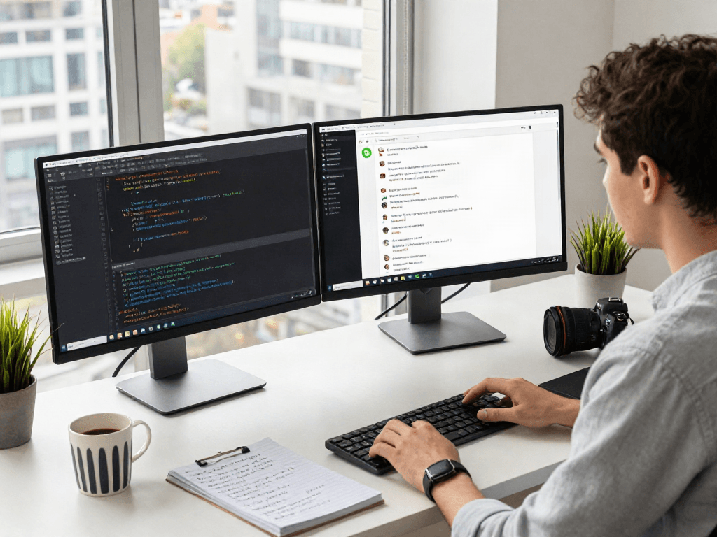 Enhancing gb WhatsApp features in a modern tech workspace, highlighting coding and chat interfaces.
