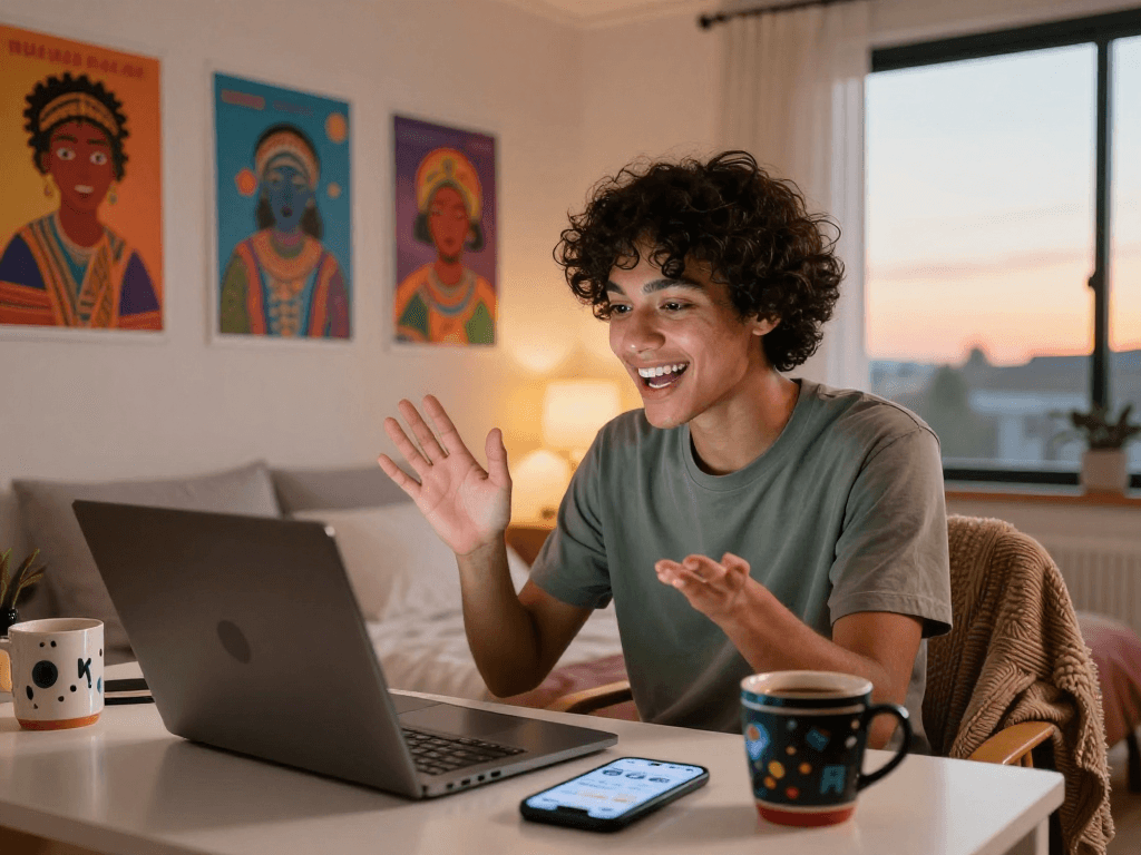 Engaging pink live chat moment with a person enjoying a one-on-one video call.