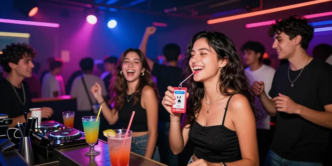 Club21ids提供的高质量假身份证在夜店中被年轻女性展示，背景是灯光闪烁的热闹场景。