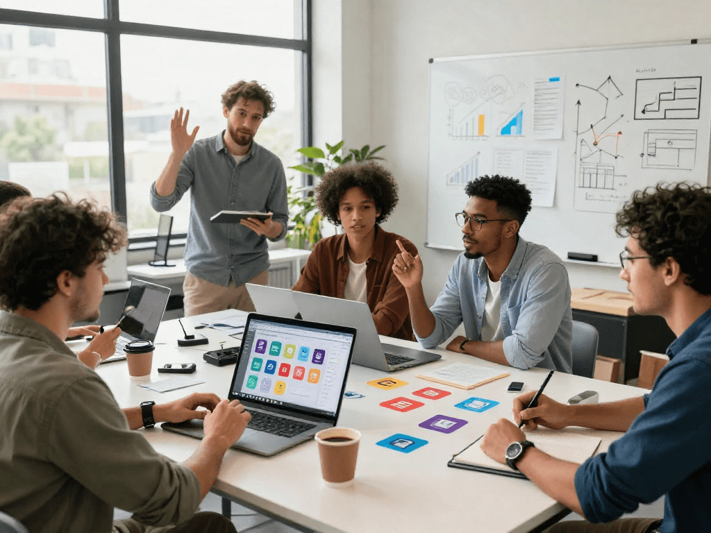 Buy app downloads strategy discussion in a bright co-working space with laptops and colorful app icons.