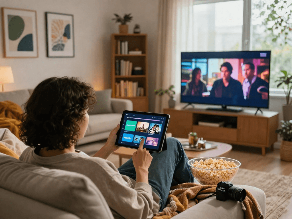 Discover the Moviebox app in a cozy living room setting, perfect for movie nights.