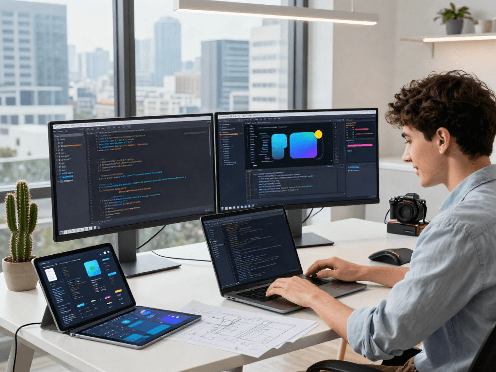 Dynamic workspace for cocoflix apk development with coding screens and creative tools.