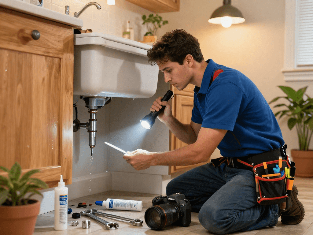 Expert leak repair Fort Worth plumber checking a kitchen sink with tools in a cozy home.