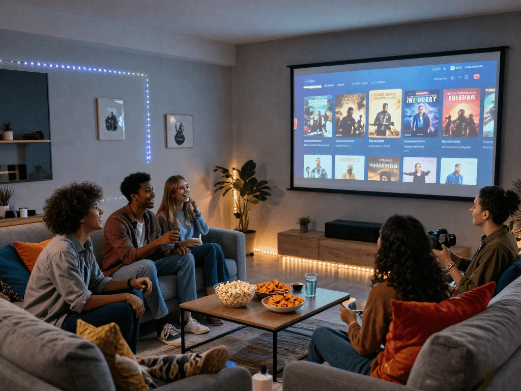 Friends enjoying a movie night with the Moviebox app interface on screen, cozy living room setting.