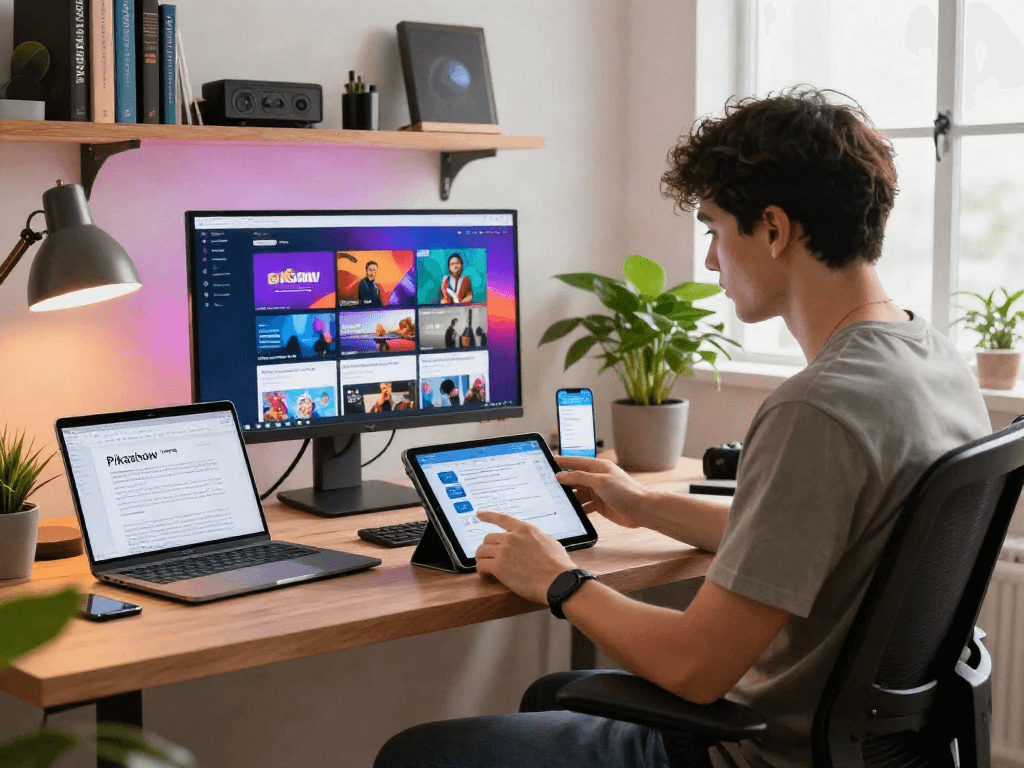 Pikashow app showcased by a tech-savvy user in a vibrant digital workspace.