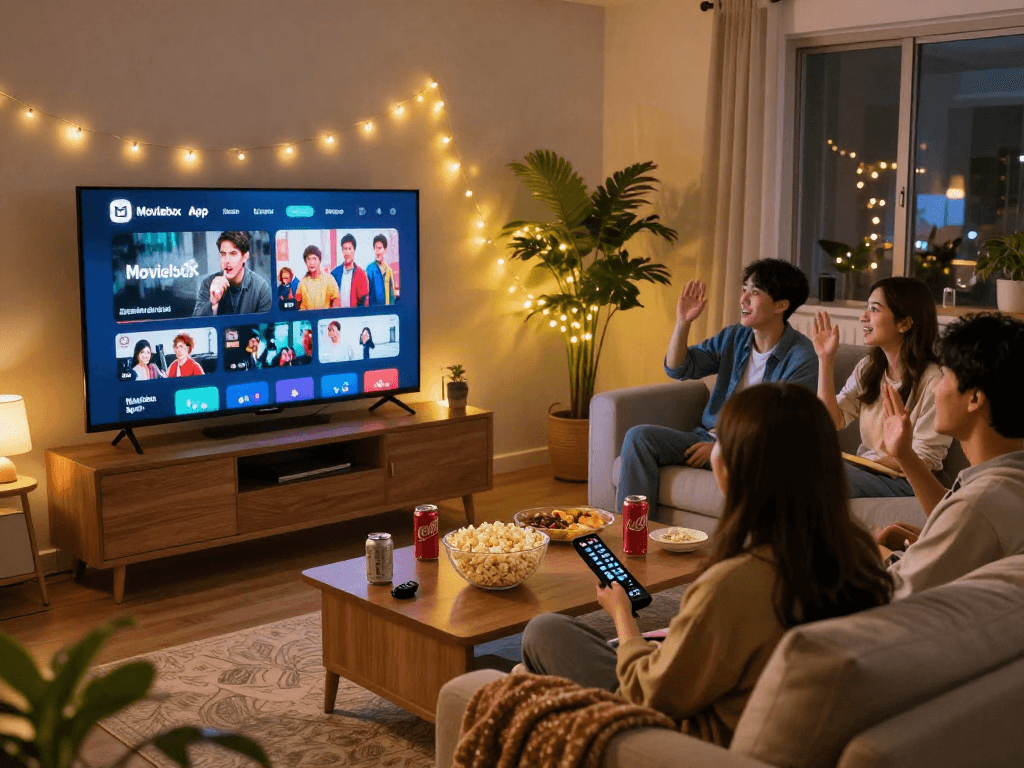 Friends enjoying a movie night with Moviebox apk streaming, cozy living room setup.