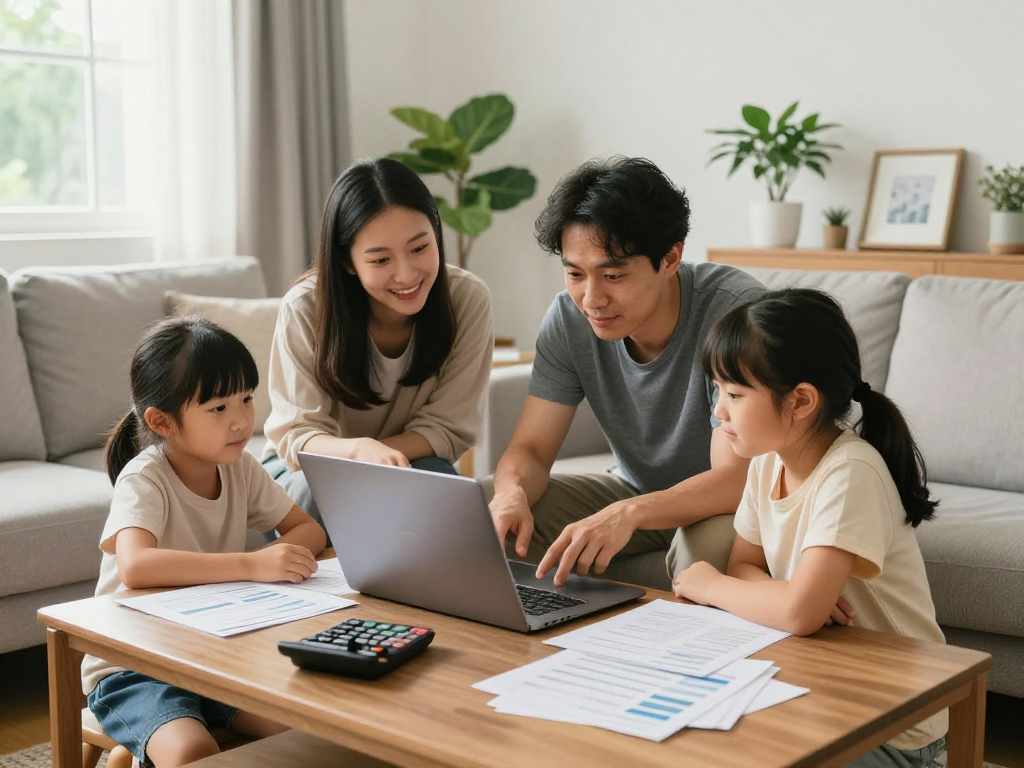 Family discussing credit consolidation options at home with financial documents.