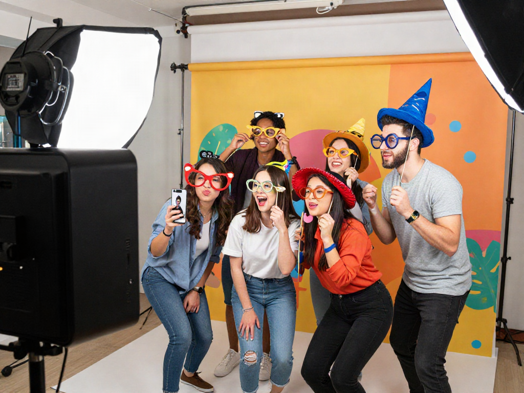 Friends enjoying a photo booth while exploring how old do I look through a fun facial recognition app.