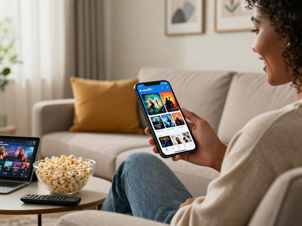 User engaging with the cocoflix app on a smartphone in a cozy living room during a movie night.