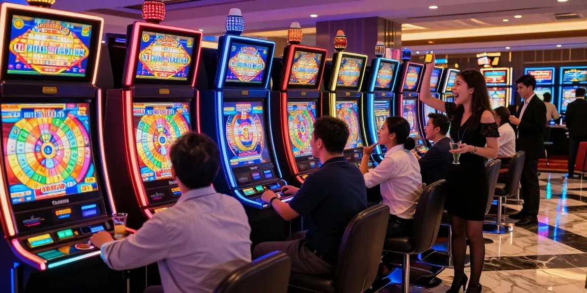 Slot gacor di mesin judi dengan suasana kasino ramai, lampu neon memukau.