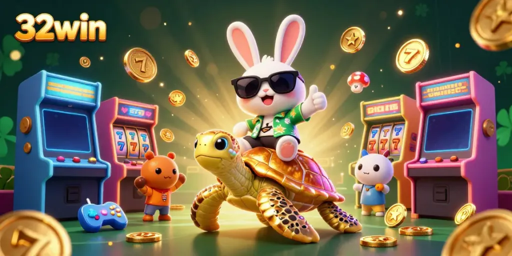 Experience casino thrills at 32win with a vibrant scene featuring an adorable lucky rabbit and a golden sea turtle.