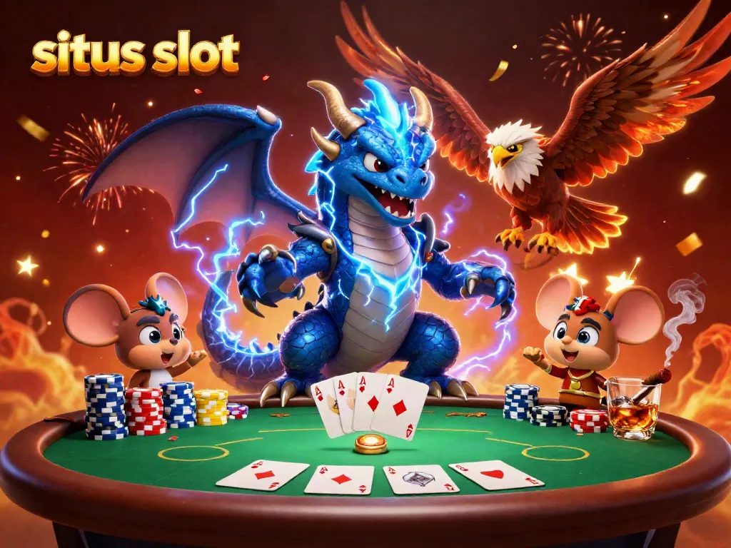 Experience the thrill of situs slot gaming with electrifying dragons and glowing creatures in a vibrant casino scene.