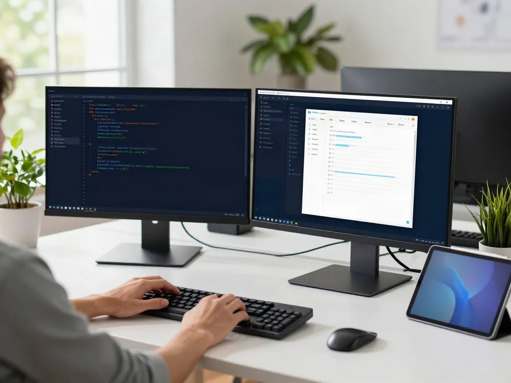 Developer using the brave浏览器 at a modern workspace with dual monitors and vibrant decor.