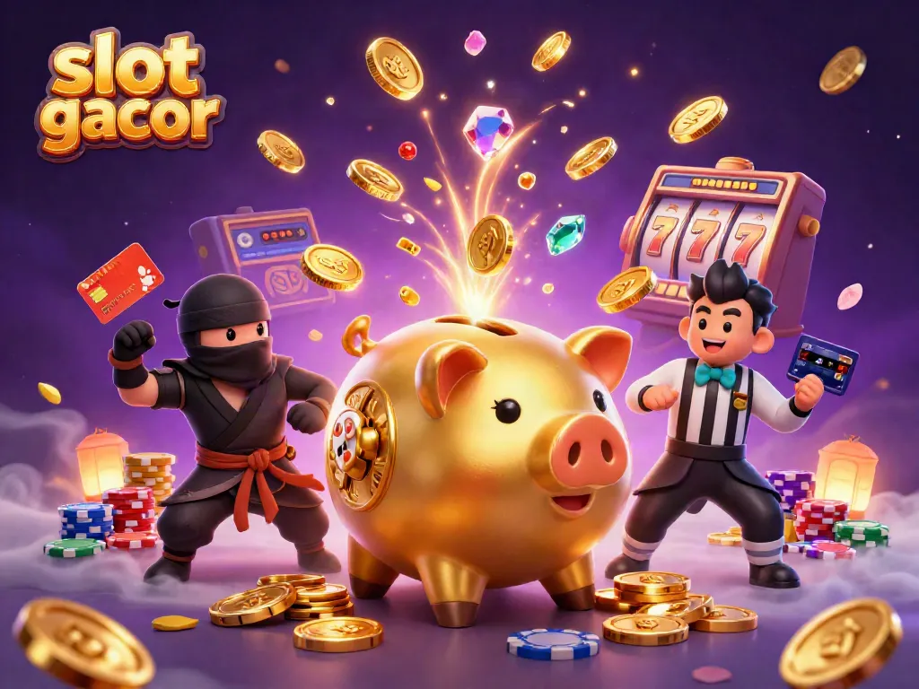 Experience the excitement of slot gacor with a dynamic illustration of characters featuring gold coins, lucky symbols, and vibrant casino elements.