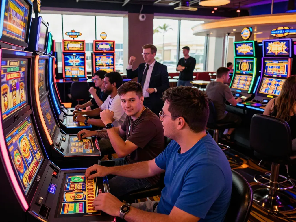 Players enthusiastically enjoying สล็อต games in a lively casino atmosphere with colorful machines and bright lighting.