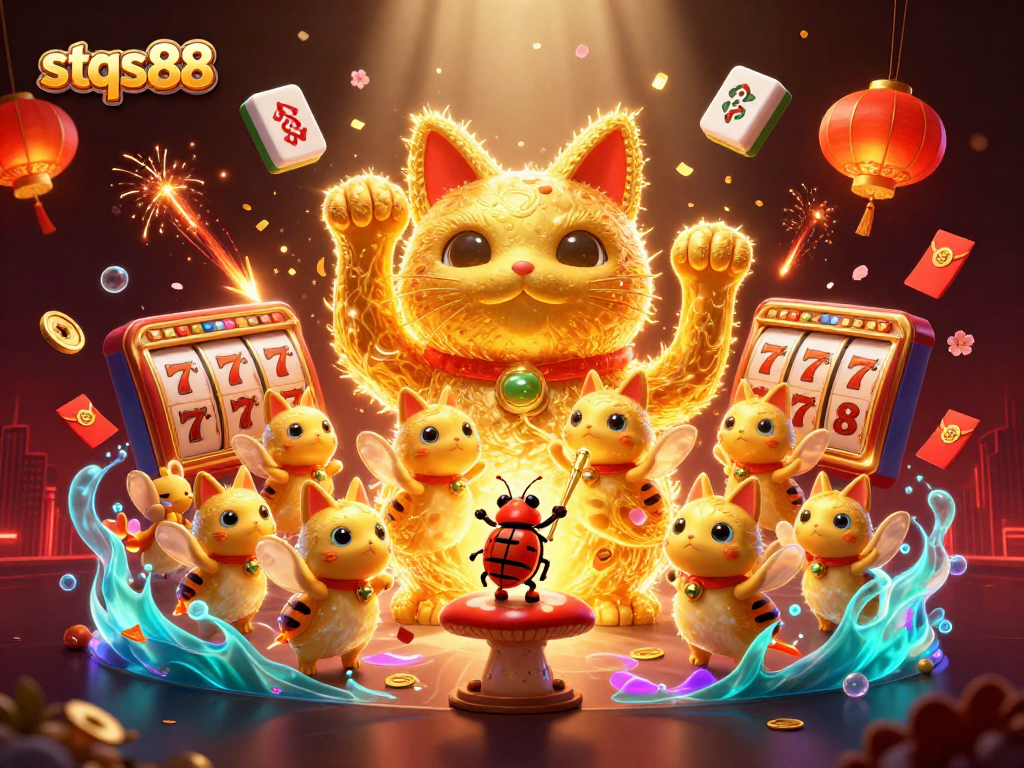 Experience the excitement of stqs88 with a dynamic casino scene featuring animated lucky symbols and vibrant elements.