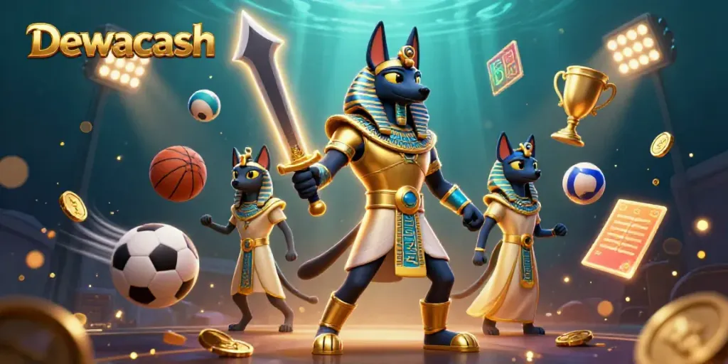 Dewacash showcases an exhilarating casino scene with Anubis, Bastet, and dynamic sports betting elements.