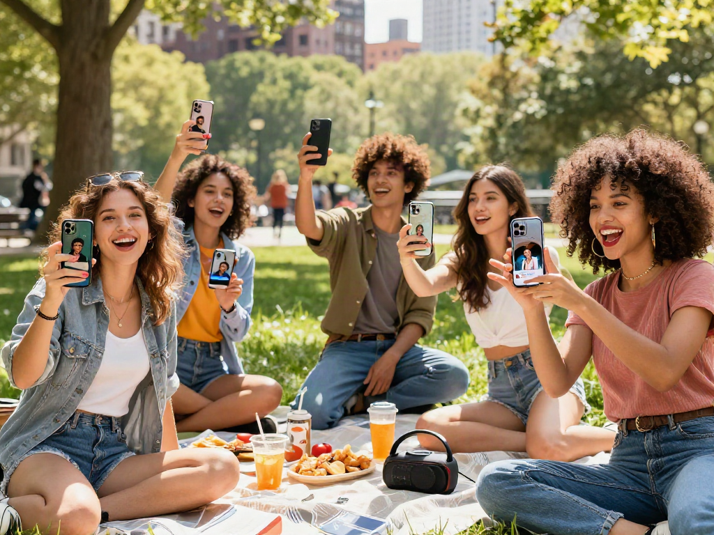 Friends comparing themselves to celebrities using a mobile app to find who looks like celebrities, in a vibrant park setting.