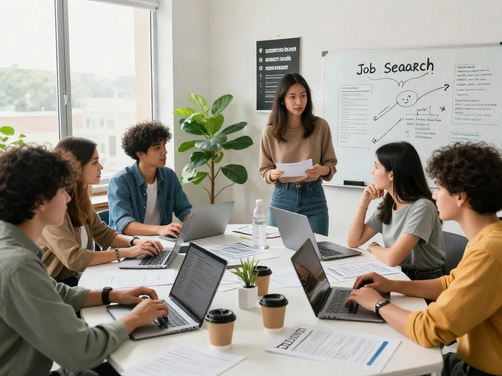 Job seekers in collaboration while searching for หางาน opportunities in a modern office.