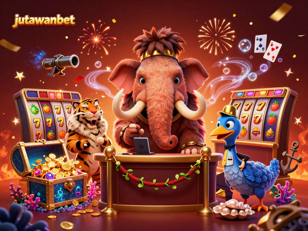 Play exciting slot games at jutawanbet with a vibrant casino scene featuring unique characters and rich rewards.