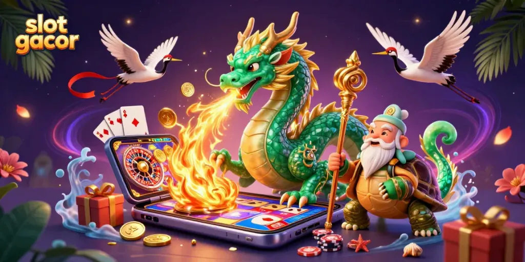 Experience the excitement of slot gacor with a vibrant 3D casino scene featuring dragon, sage, and lucky cranes.