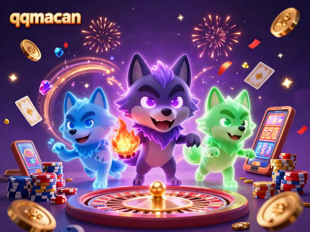 Experience the excitement of qqmacan with glowing wolf characters amidst flying coins and vibrant casino elements.