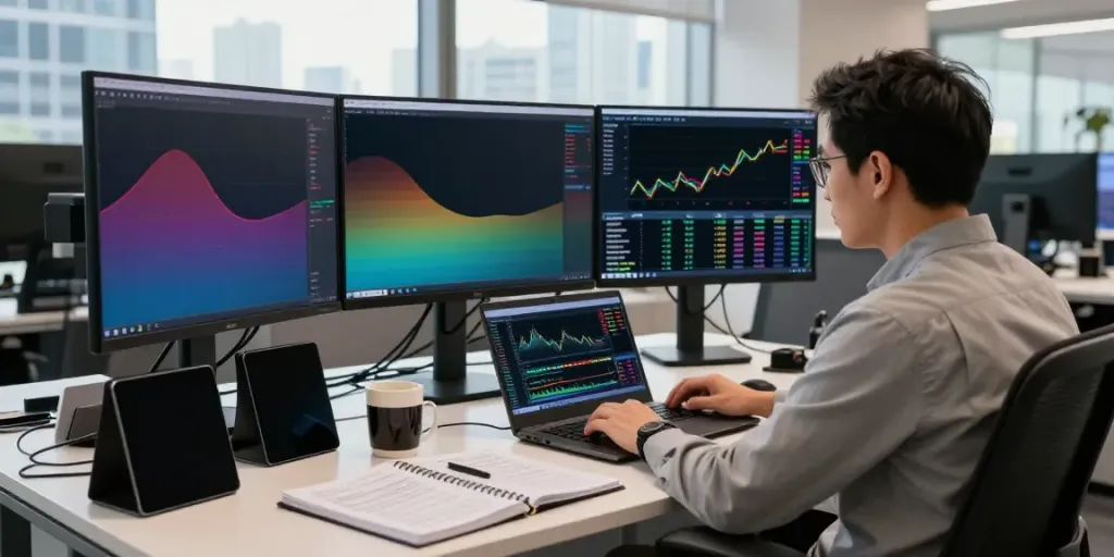 Trader utilizing TradingView on multiple screens in a modern office workspace.