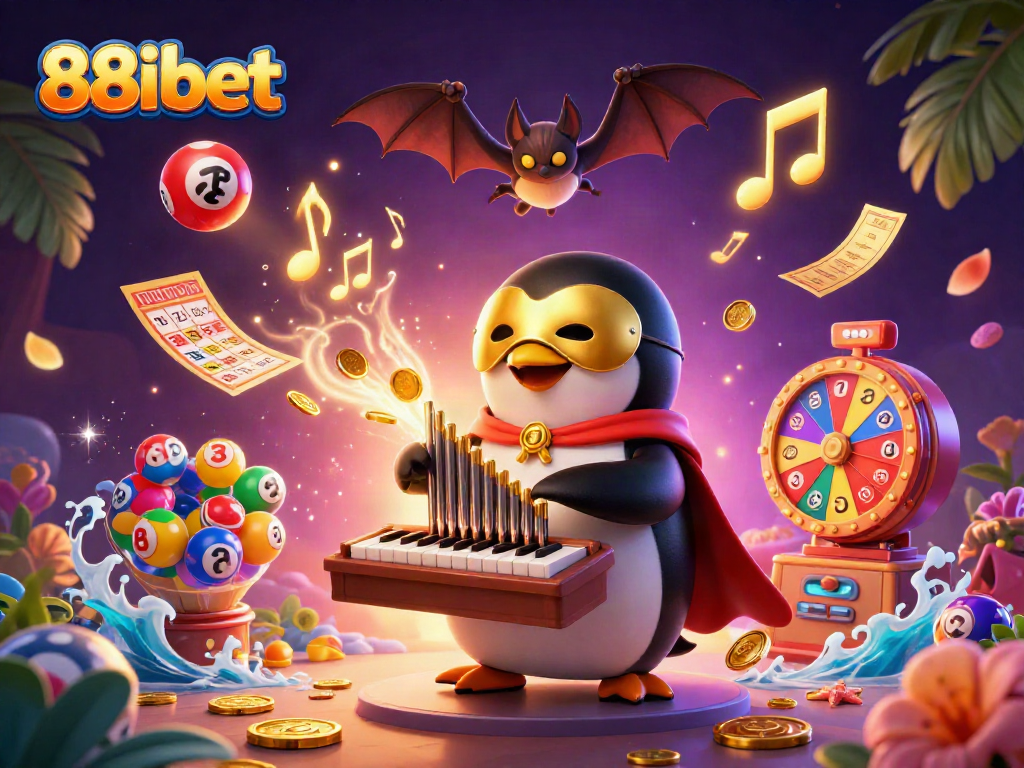 Experience the vibrant 88ibet excitement with a penguin playing an organ surrounded by lottery fun.
