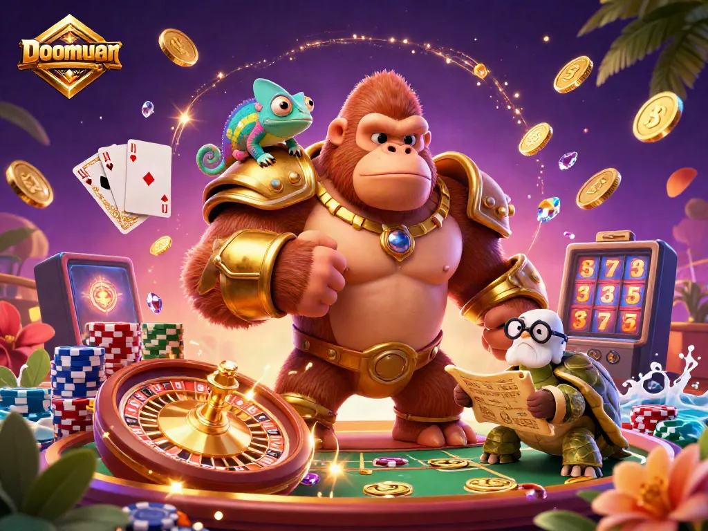 Doomuan's exciting casino scene showcasing slots, poker, and a vibrant atmosphere with dynamic characters.