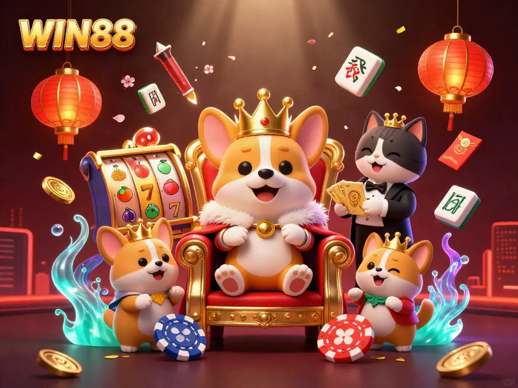 Experience thrilling casino moments with WIN88, featuring royal corgis on a vibrant poker chip throne.
