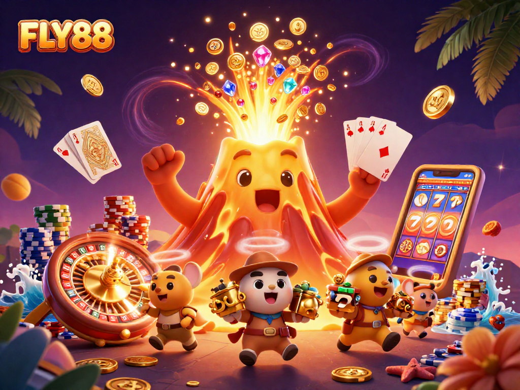 FLY88 players winning treasures as golden volcano erupts with coins and gems cascading in excitement.