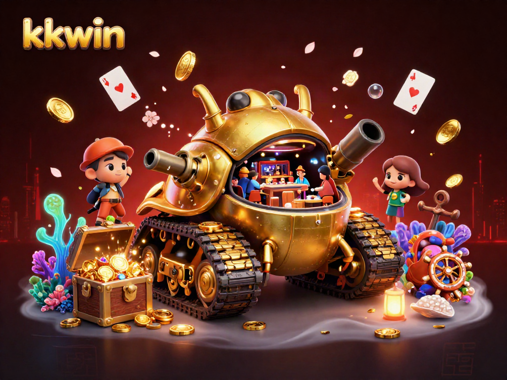 Bet on excitement with kkwin: a whimsical casino experience inside a golden beetle tank illustration.