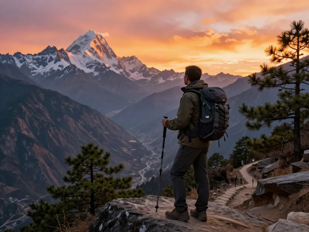 Manaslu Trek view at sunset with traveler overlooking Himalayan landscape