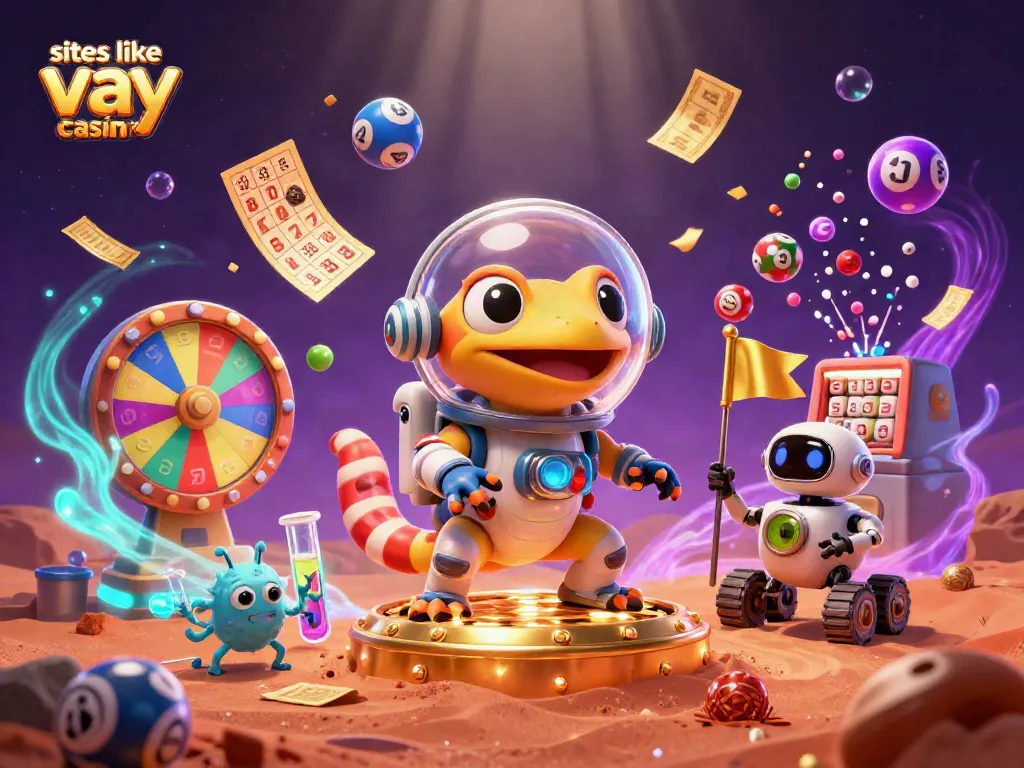 Engage with sites like yay casino through a vibrant 3D illustration of a Martian gecko discovering a golden casino.
