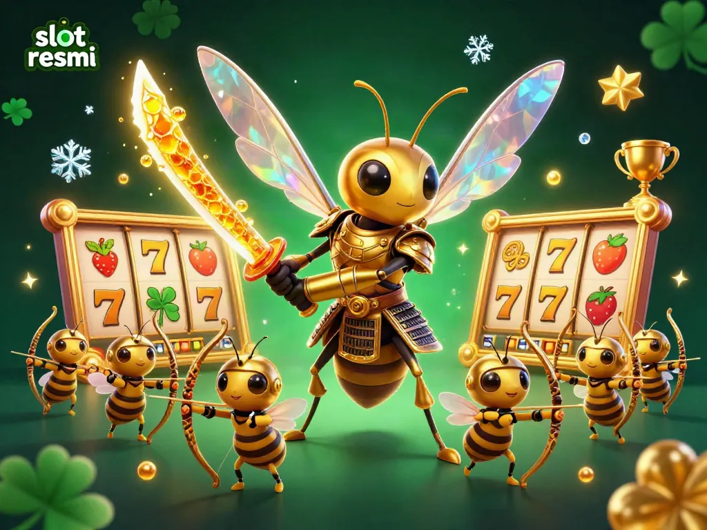 Engage with slot resmi action in a vibrant 3D illustration showcasing a golden hornet samurai and bee archers in a dynamic casino scene.
