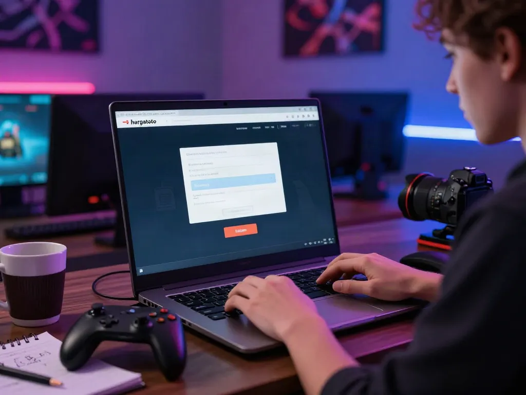 User engaged in hargatoto login on a laptop in a vibrant gaming room.