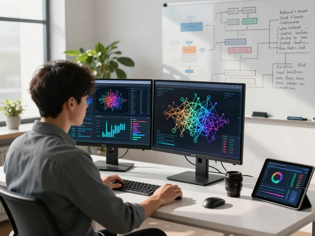 Data scientist analyzing AI models and token metrics in a modern workspace, illustrating what are AI tokens.