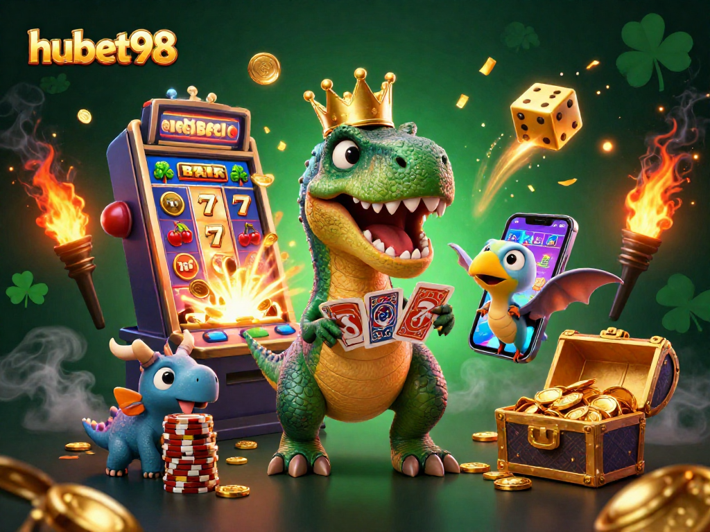 Join the excitement of hubet98 at a vibrant casino scene featuring friendly characters and cinematic action.
