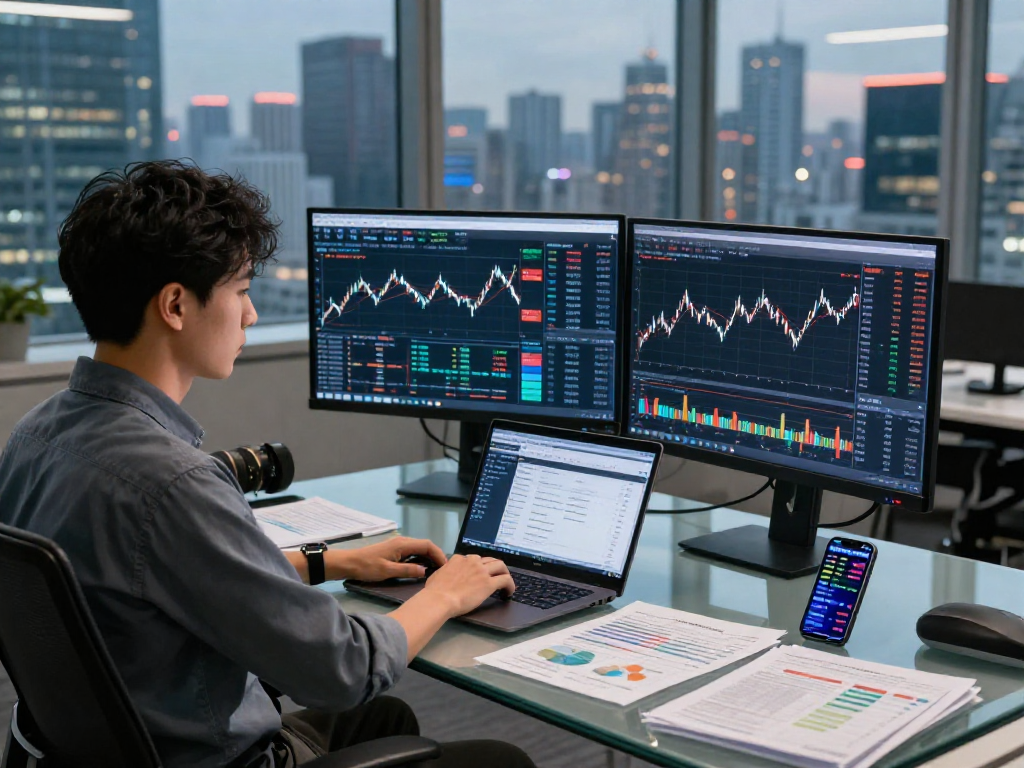 Developer analyzing TOPIX index quote API data on dual screens in modern finance office.