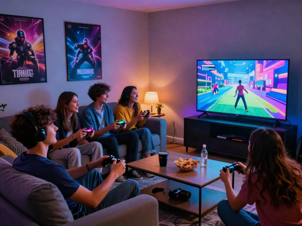 Engaging friends enjoying porngames in a lively living room setting with colorful LED lights and snacks.