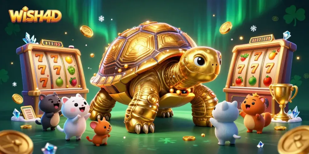 WISH4D showcases a dynamic and engaging slot gaming scene with a colossal tortoise and exciting game elements.