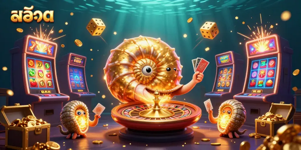 Experience the vibrant world of สล็อต with a giant nautilus and bursting jackpots in an engaging casino scene.