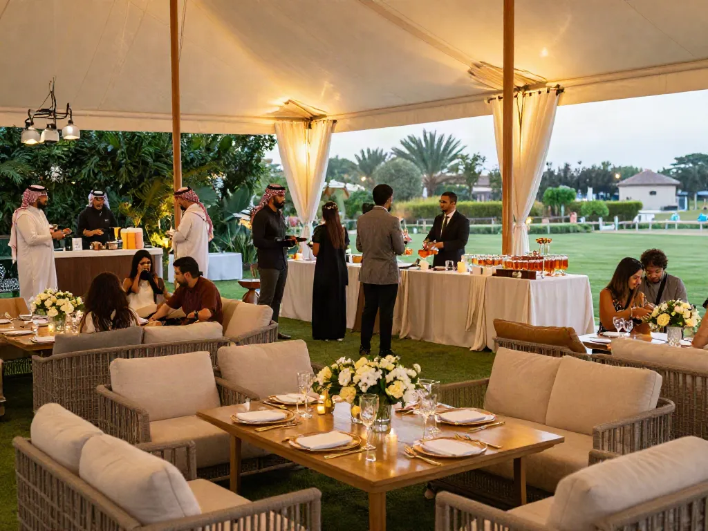Event rental KSA setup featuring an elegant wedding tent with beautiful decor and guests enjoying the atmosphere.