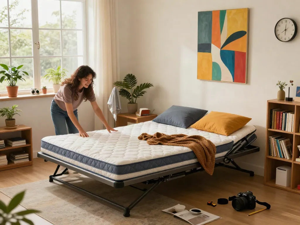 A young couple assembling a cozy folding bed with mattress in a modern studio apartment.