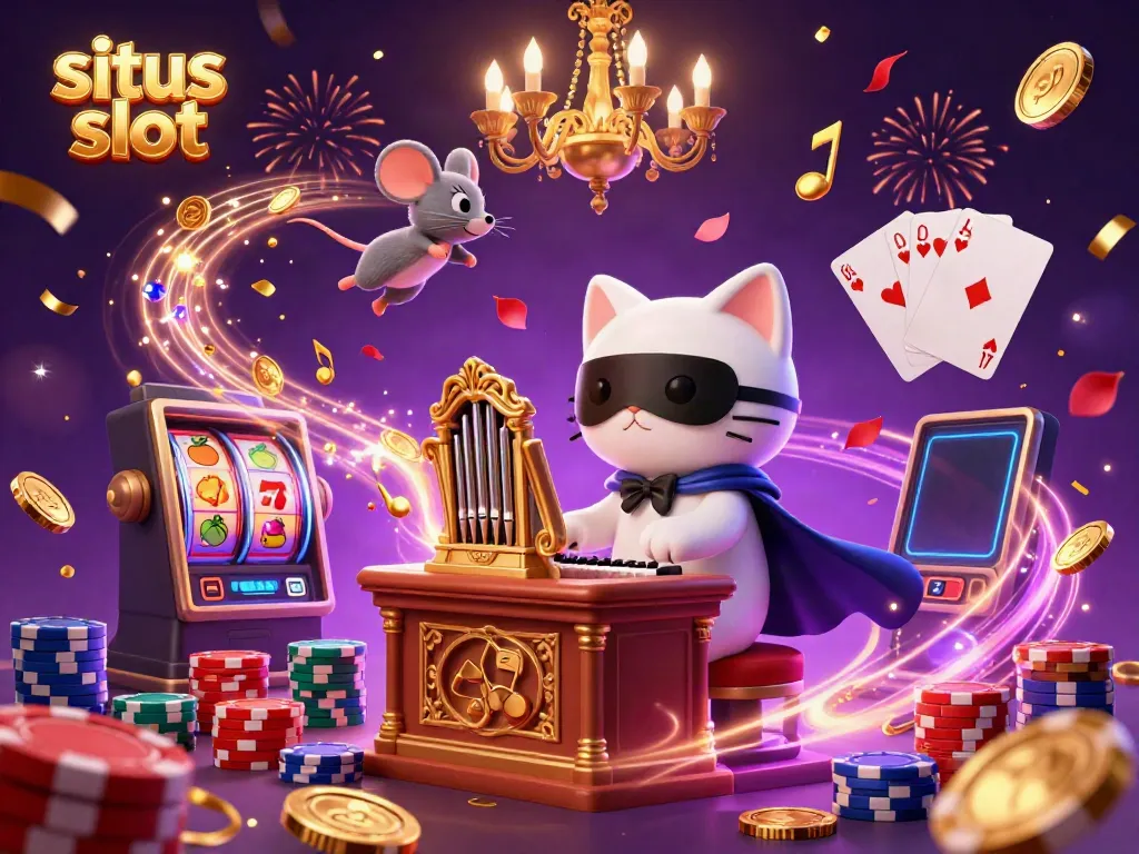 Situs slot showcasing dynamic gaming action with a whimsical casino scene full of colorful elements.